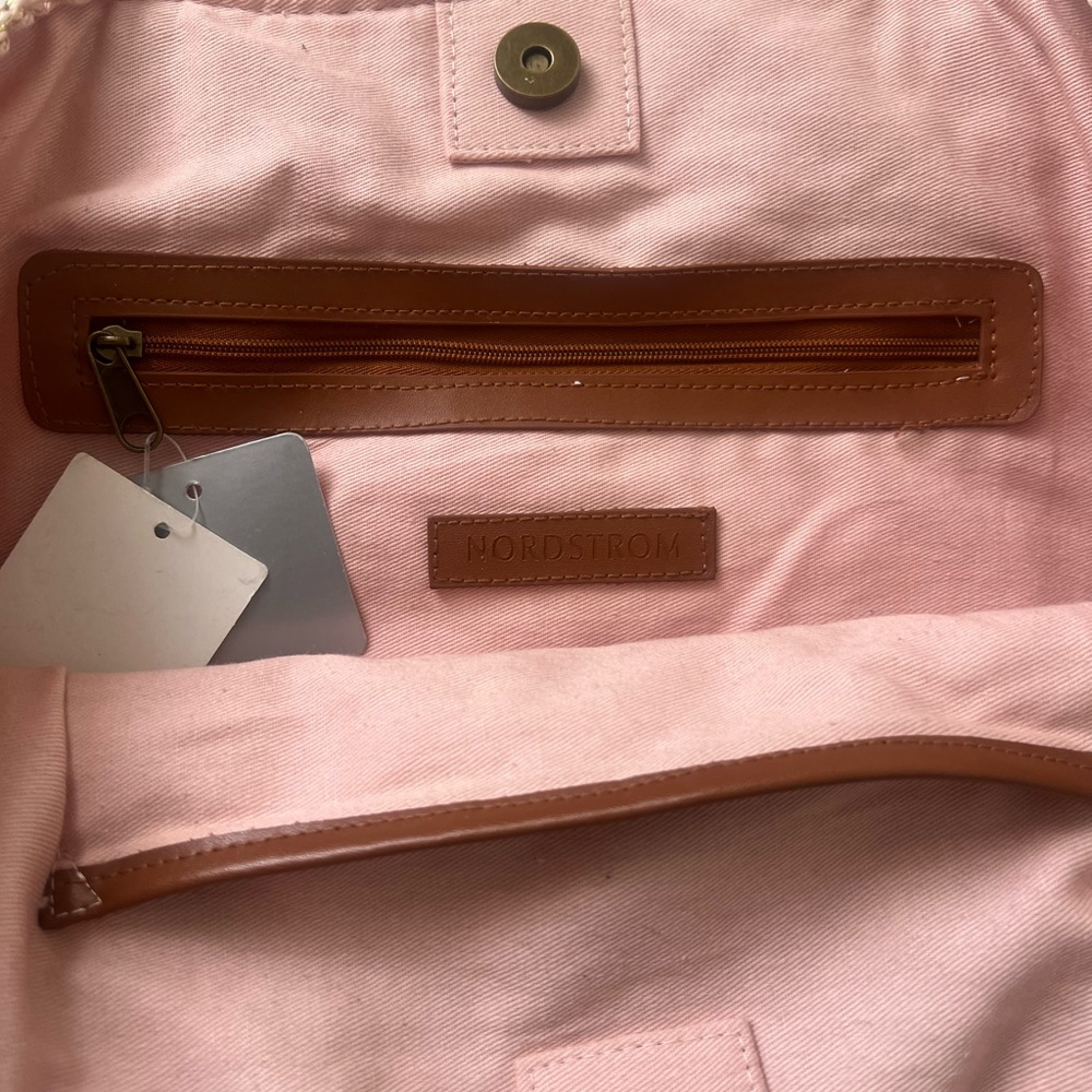 Woven Blush Pink Tote Bag with Brown Straps‎ - Picture 6 of 7